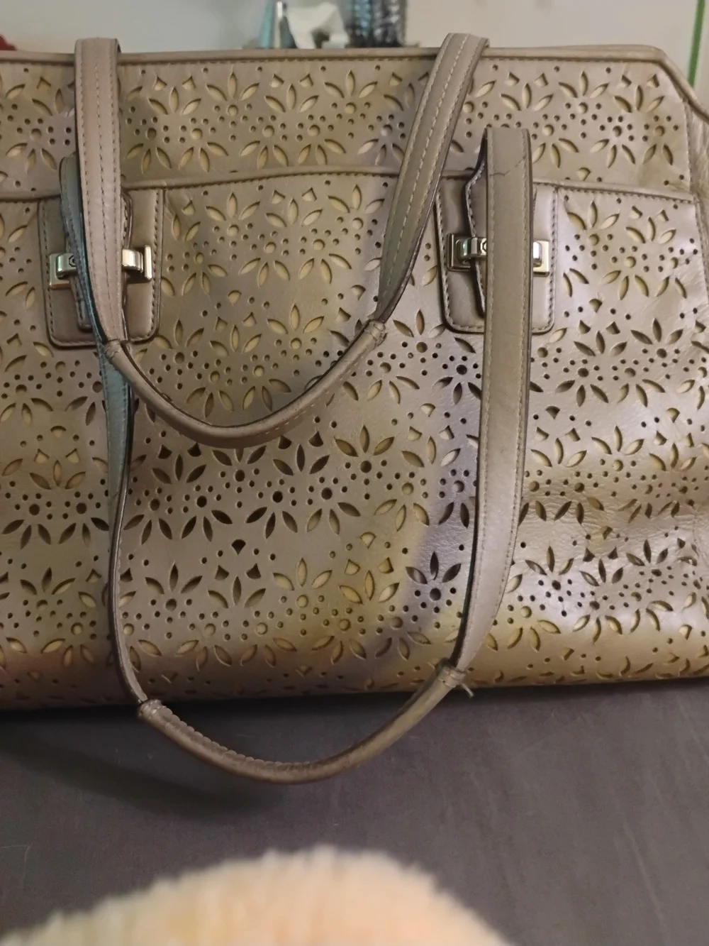 Coach Laser Etched Perforated Floral Leather Tote - Tan